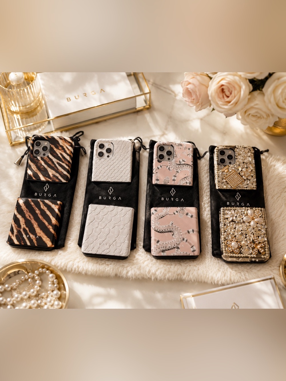 Burga Phone Case Set - Animal Print, White/ Gray, Pink Cobra, and Rhinestone.